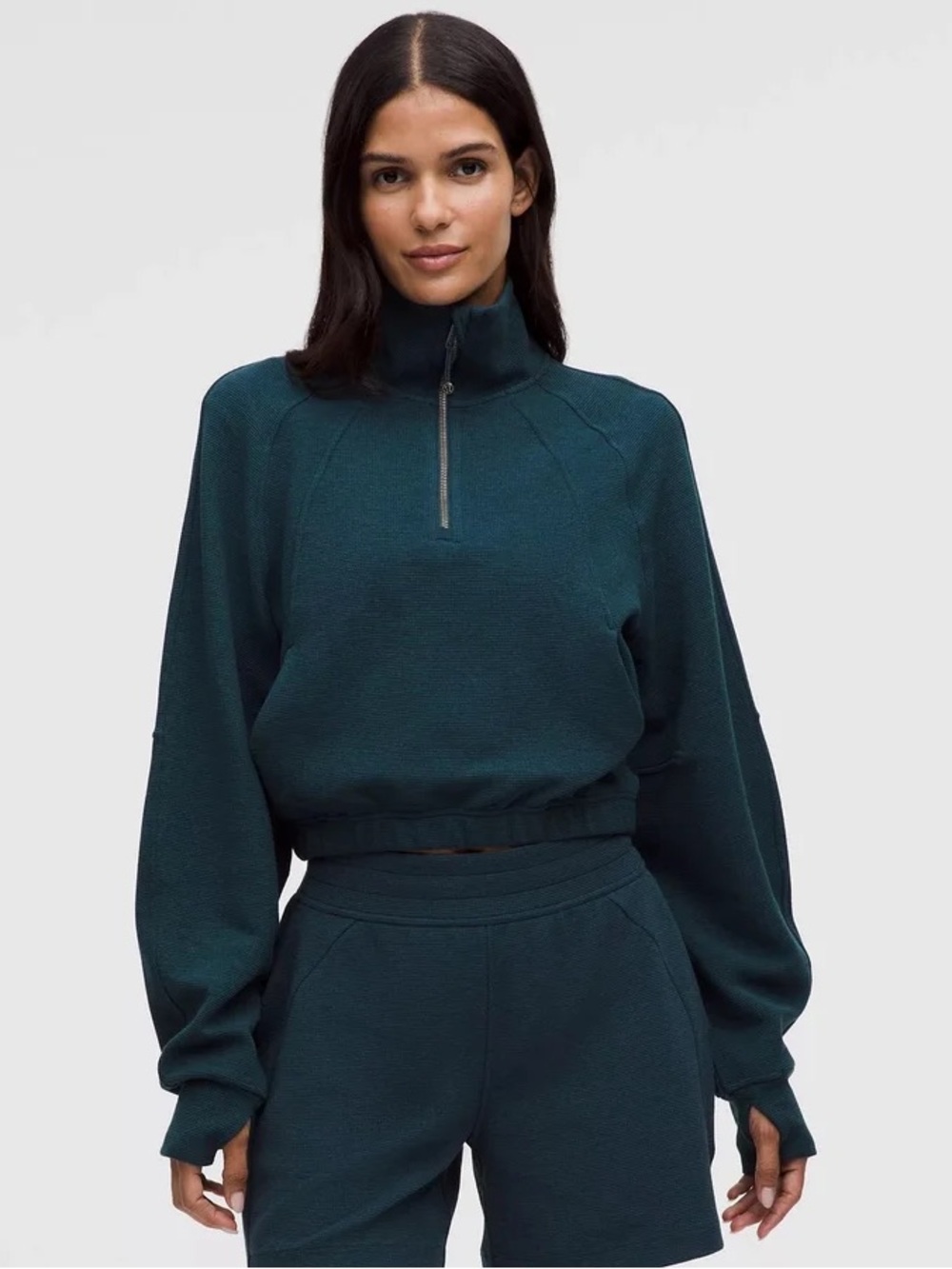 LULULEMON Scuba Cropped Funnel-Neck Half Zip Waffle in Heathered Indochine Blue